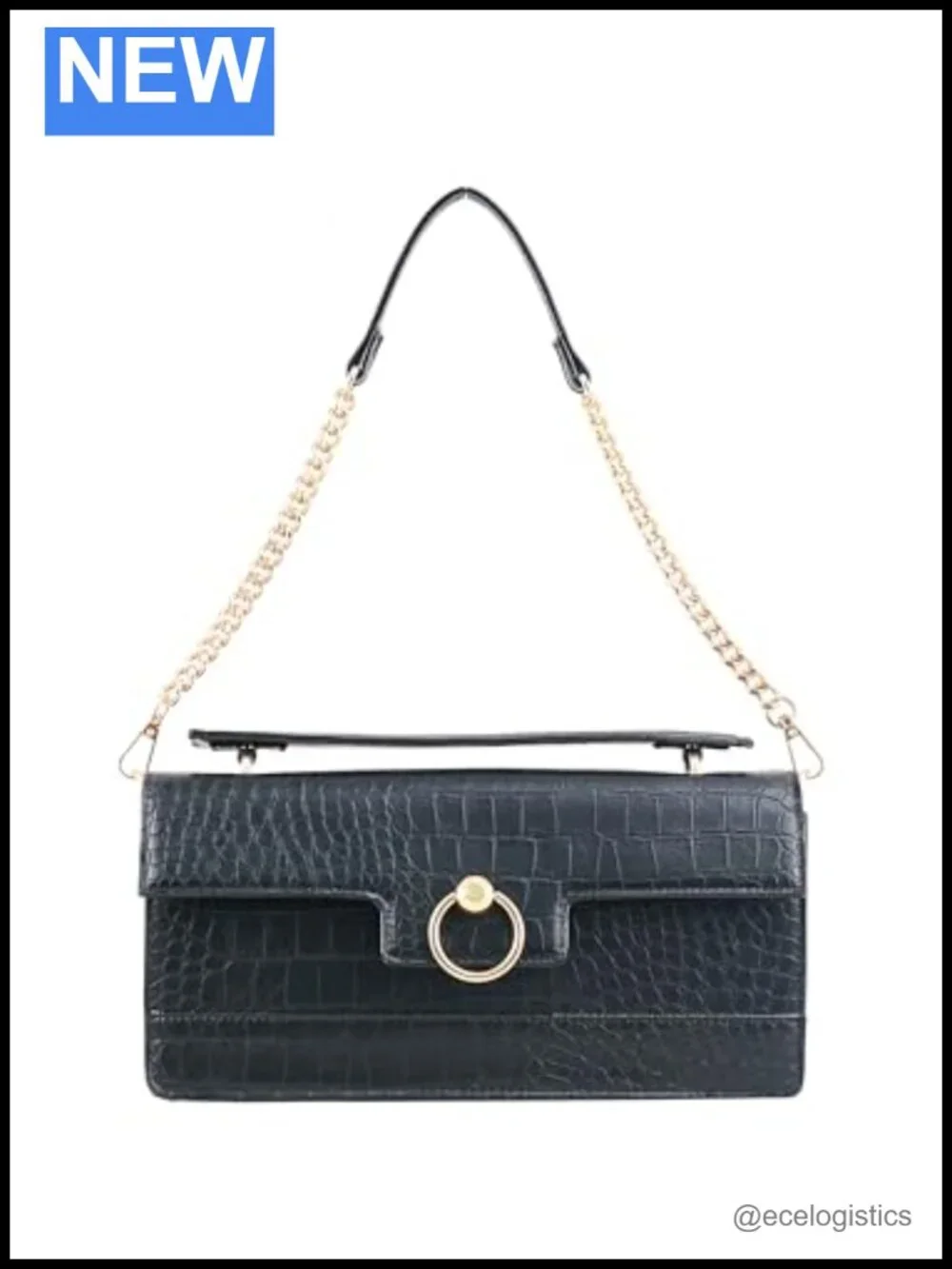 Women's Clutch Shoulder Bag with Chain Strap & Gold Accents, Ring Lock Closure,